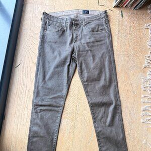 AG midrise skinny coated jeans in taupe/brown